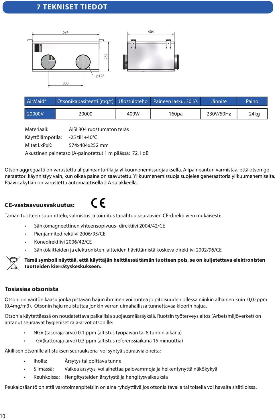 (-painotettu) 1 m päässä: 72,1 d Otsoniaggregaatti on varustettu alipaineanturilla ja ylikuumenemissuojauksella.