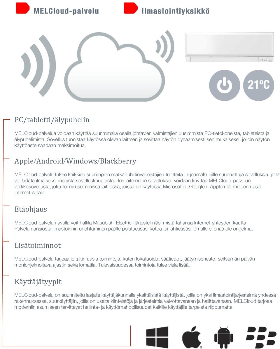 Apple/Android/Windows/Blackberry MELCloud-palvelu tukee kaikkien suurimpien matkapuhelinvalmistajien tuotteita tarjoamalla niille suunnattuja sovelluksia, joita voi ladata ilmaiseksi monista