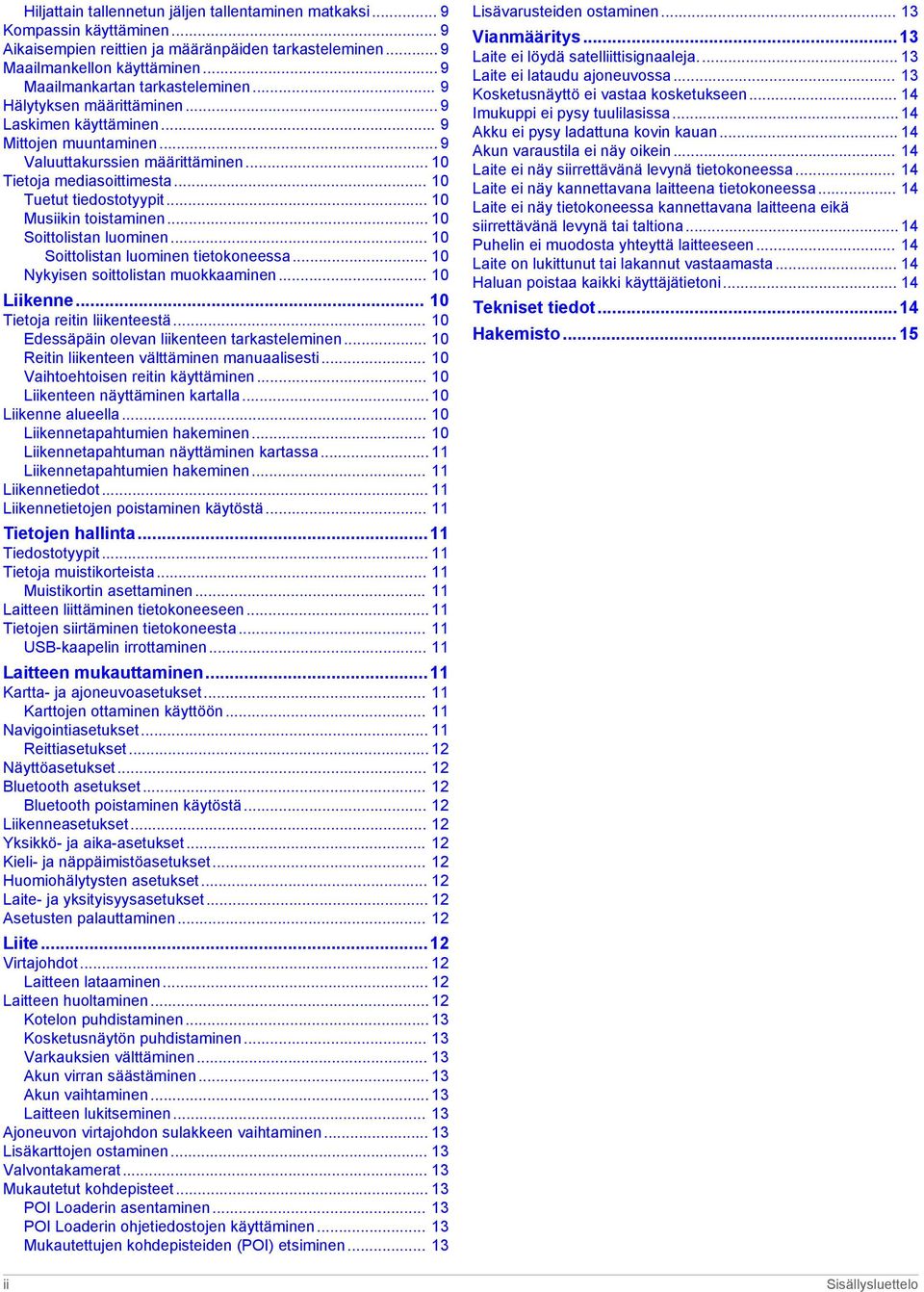 .. 10 Tuetut tiedostotyypit... 10 Musiikin toistaminen... 10 Soittolistan luominen... 10 Soittolistan luominen tietokoneessa... 10 Nykyisen soittolistan muokkaaminen... 10 Liikenne.