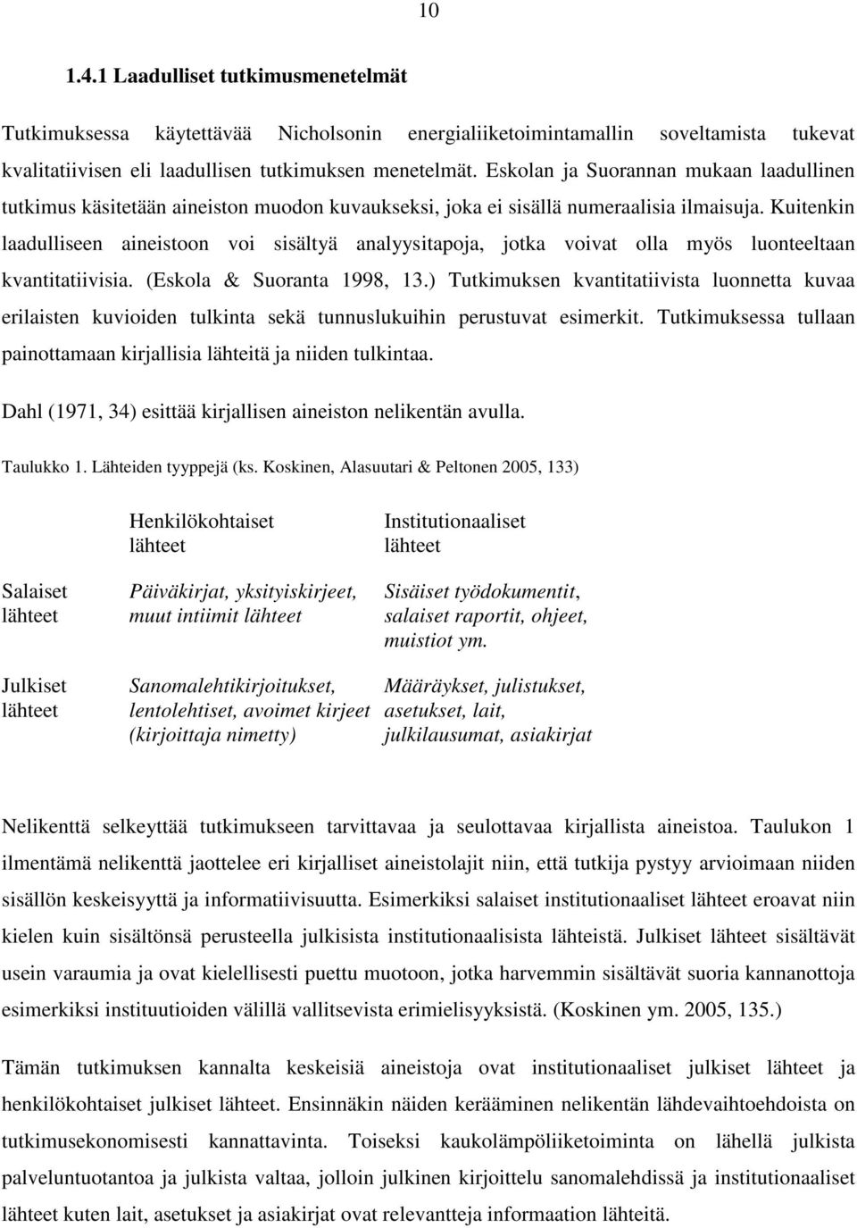 Kuitenkin laadulliseen aineistoon voi sisältyä analyysitapoja, jotka voivat olla myös luonteeltaan kvantitatiivisia. (Eskola & Suoranta 1998, 13.