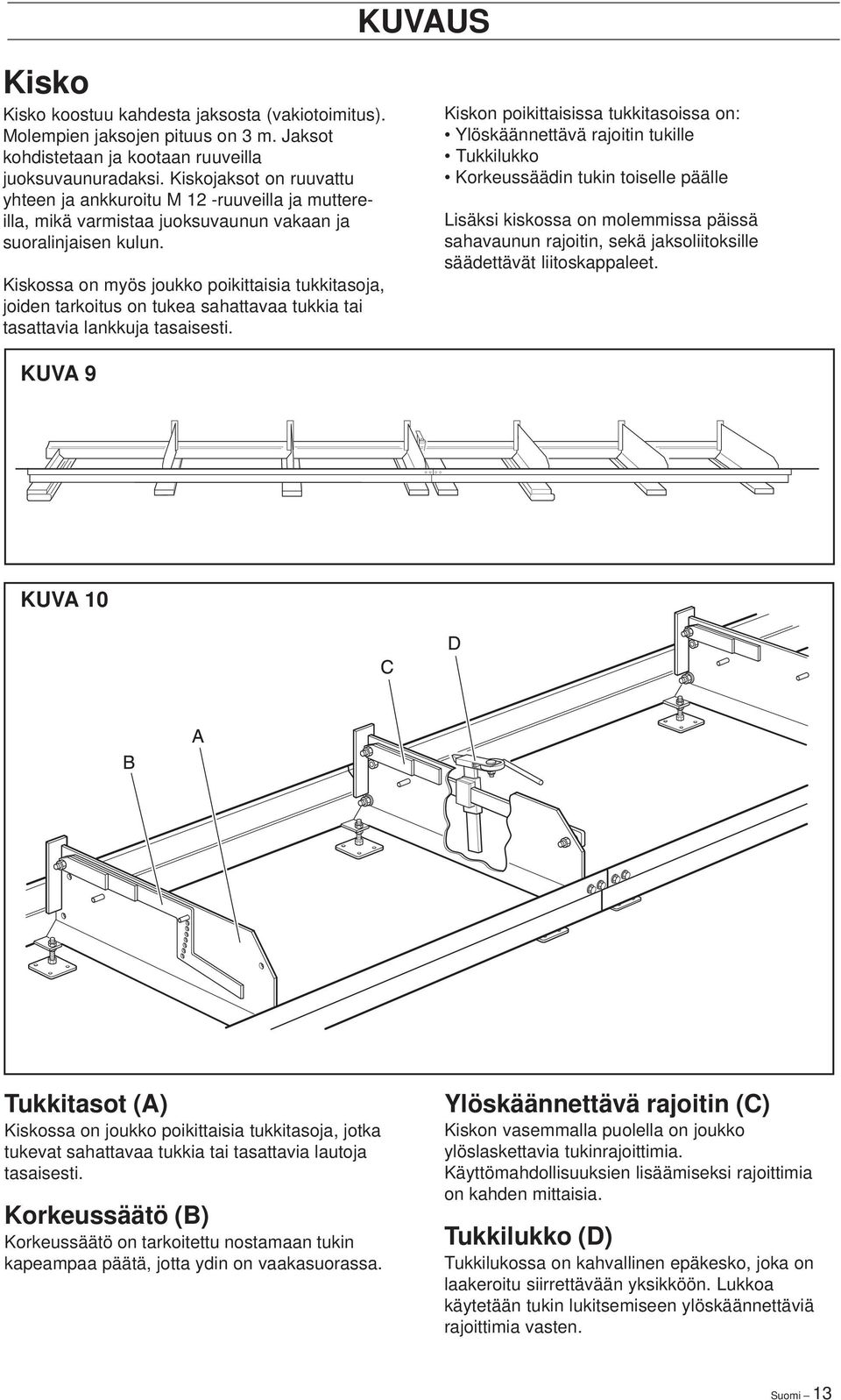 Kiskossa on myös joukko poikittaisia tukkitasoja, joiden tarkoitus on tukea sahattavaa tukkia tai tasattavia lankkuja tasaisesti.