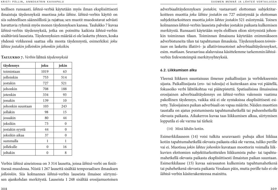 Taulukko 7 kuvaa lähteä-verbin täydennyksiä, jotka on poimittu kaikista lähteä- verbin sisältävistä lauseista.