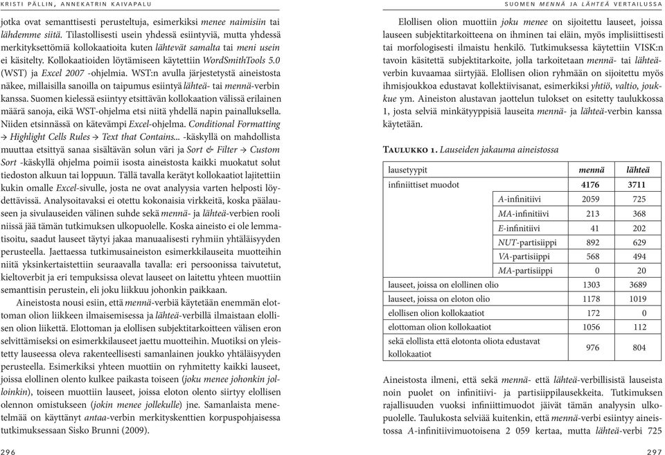 0 (WST) ja Excel 2007 -ohjelmia. WST:n avulla järjestetystä aineistosta näkee, millaisilla sanoilla on taipumus esiintyä lähteä- tai mennä-verbin kanssa.