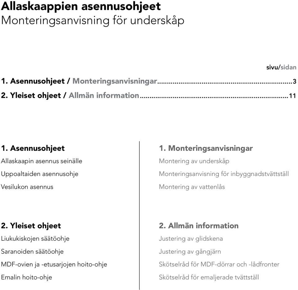 Monteringsanvisningar Montering av underskåp Monteringsanvisning för inbyggnadstvättställ Montering av vattenlås 2.