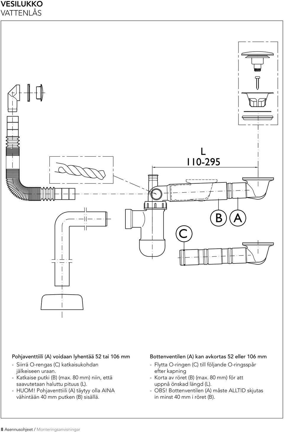 Pohjaventtiili (A) täytyy olla AINA vähintään 40 mm putken (B) sisällä.