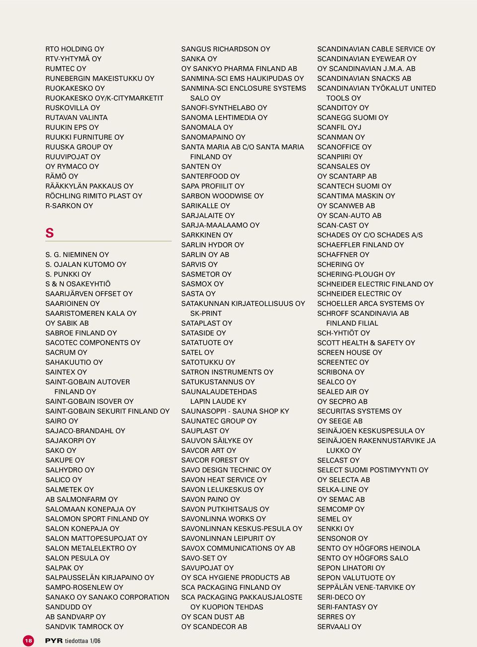 PUNKKI OY S & N OSAKEYHTIÖ SAARIJÄRVEN OFFSET OY SAARIOINEN OY SAARISTOMEREN KALA OY OY SABIK AB SABROE FINLAND OY SACOTEC COMPONENTS OY SACRUM OY SAHAKUUTIO OY SAINTEX OY SAINT-GOBAIN AUTOVER
