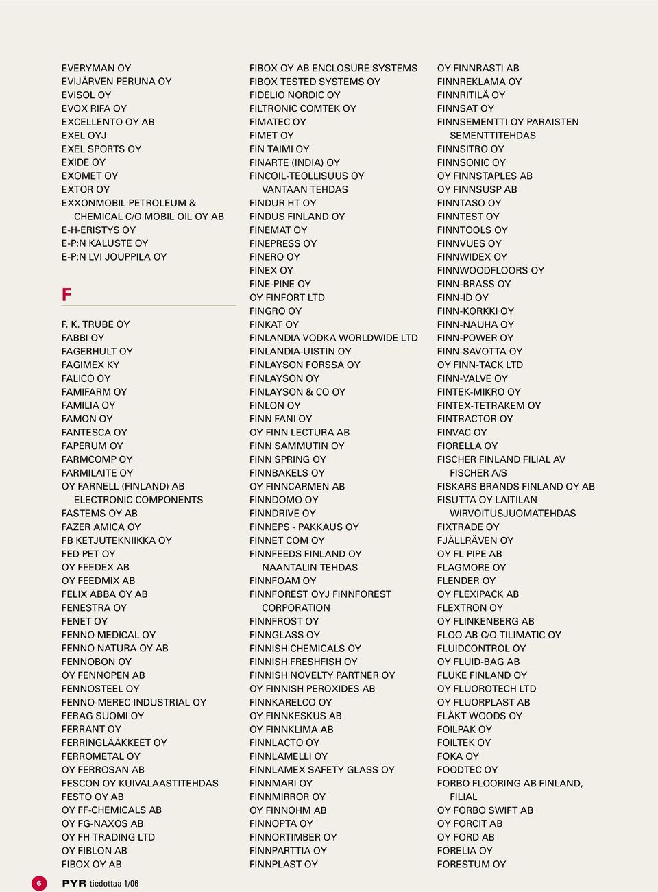 TRUBE OY FABBI OY FAGERHULT OY FAGIMEX KY FALICO OY FAMIFARM OY FAMILIA OY FAMON OY FANTESCA OY FAPERUM OY FARMCOMP OY FARMILAITE OY OY FARNELL (FINLAND) AB ELECTRONIC COMPONENTS FASTEMS OY AB FAZER