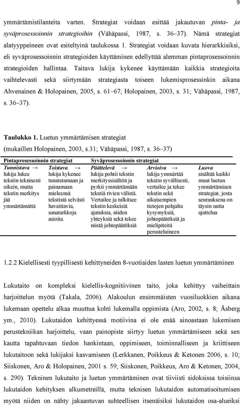 Strategiat voidaan kuvata hierarkkisiksi, eli syväprosessoinnin strategioiden käyttäminen edellyttää alemman pintaprosessoinnin strategioiden hallintaa.