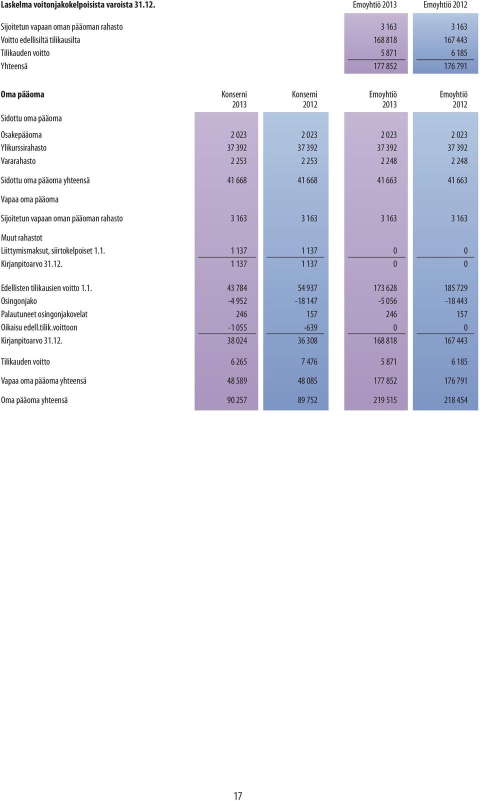 Konserni Konserni Emoyhtiö Emoyhtiö 2013 2012 2013 2012 Sidottu oma pääoma Osakepääoma 2 023 2 023 2 023 2 023 Ylikurssirahasto 37 392 37 392 37 392 37 392 Vararahasto 2 253 2 253 2 248 2 248 Sidottu