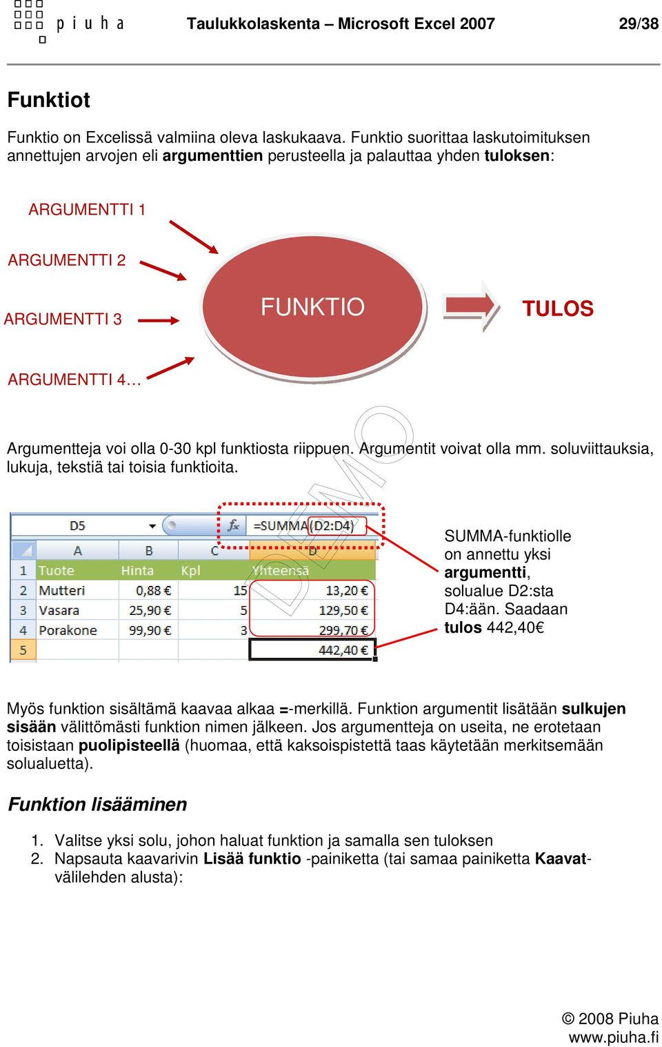 0-30 kpl funktiosta riippuen. Argumentit voivat olla mm. soluviittauksia, lukuja, tekstiä tai toisia funktioita. SUMMA-funktiolle on annettu yksi argumentti, solualue D2:sta D4:ään.