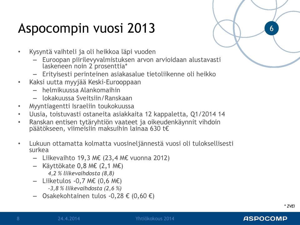 kappaletta, Q1/2014 14 Ranskan entisen tytäryhtiön vaateet ja oikeudenkäynnit vihdoin päätökseen, viimeisiin maksuihin lainaa 30 t Lukuun ottamatta kolmatta vuosineljännestä vuosi oli