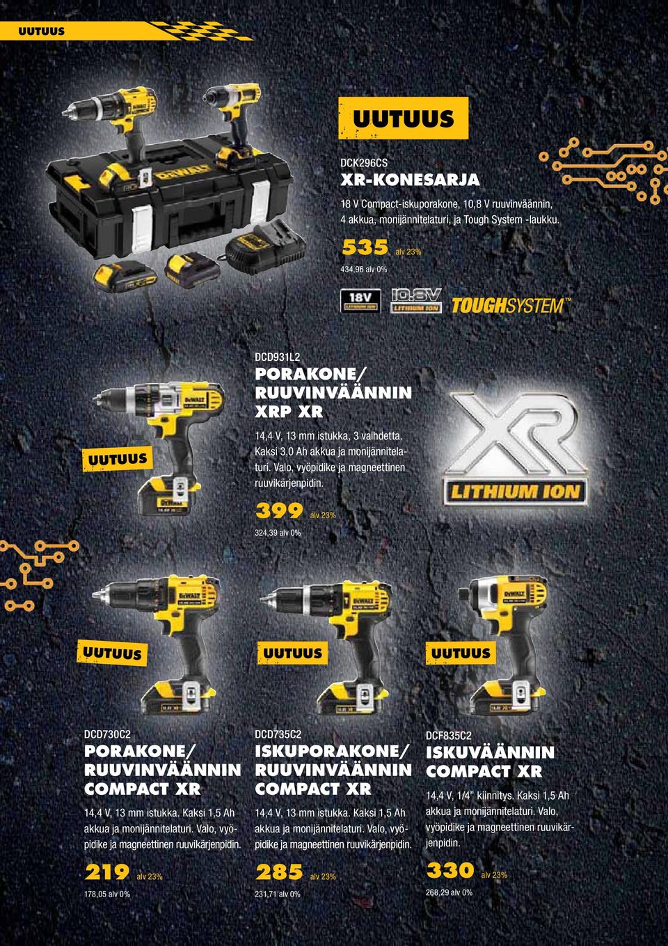 399 alv 23% 324,39 alv 0% UUTUUS UUTUUS UUTUUS DCD730C2 PORAKONE/ RUUVINVÄÄNNIN COMPACT XR 14,4 V, 13 mm istukka. Kaksi 1,5 Ah akkua ja monijännitelaturi.