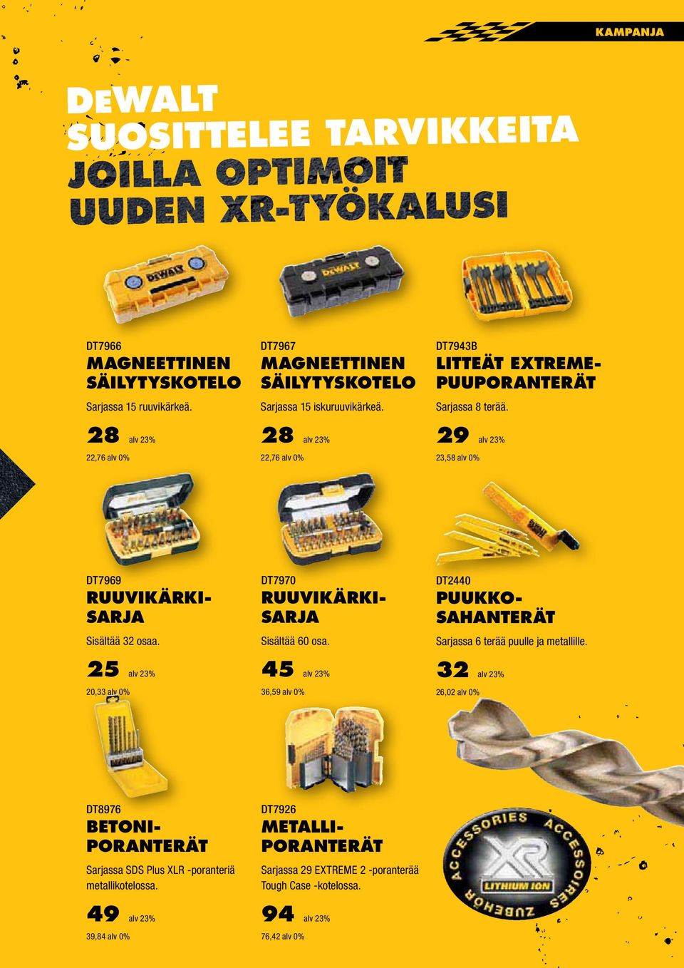 DT7970 RUUVIKÄRKI- SARJA Sisältää 60 osa. DT2440 PUUKKO- SAHANTERÄT Sarjassa 6 terää puulle ja metallille.