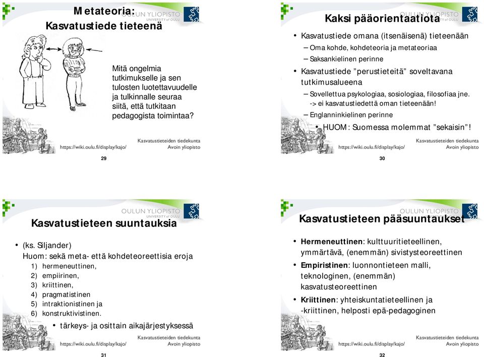 psykologiaa, sosiologiaa, filosofiaa jne. -> ei kasvatustiedettä oman tieteenään! Englanninkielinen perinne HUOM: Suomessa molemmat sekaisin! 29 30 Kasvatustieteen suuntauksia (ks.