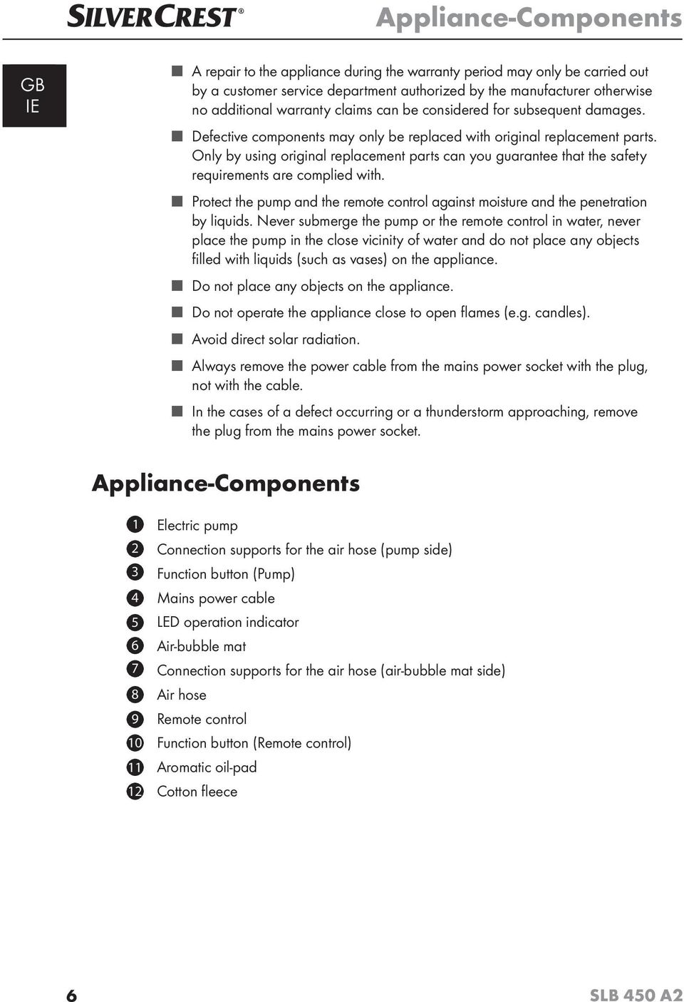Only by using original replacement parts can you guarantee that the safety requirements are complied with. Protect the pump and the remote control against moisture and the penetration by liquids.