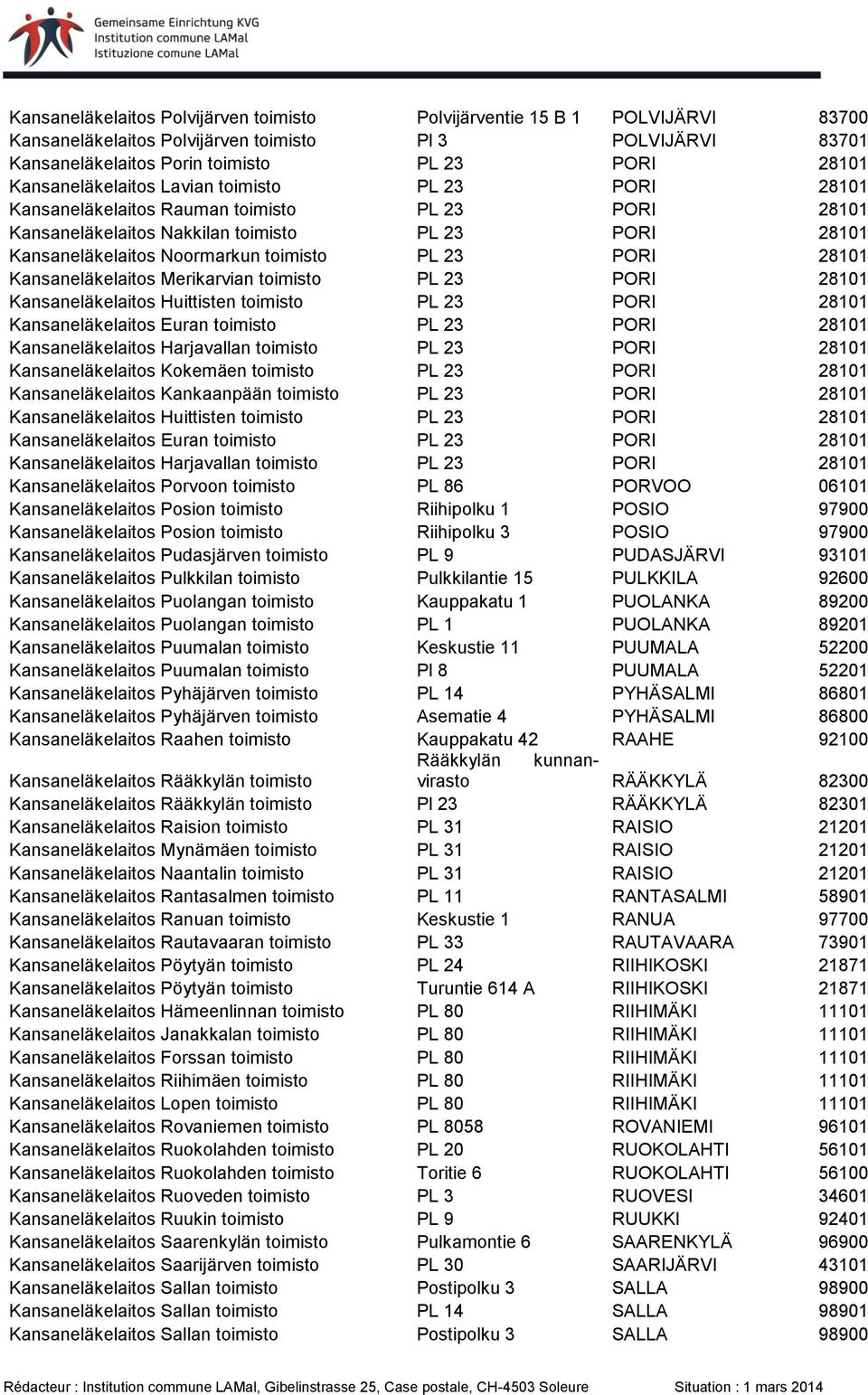 PORI 28101 Kansaneläkelaitos Merikarvian toimisto PL 23 PORI 28101 Kansaneläkelaitos Huittisten toimisto PL 23 PORI 28101 Kansaneläkelaitos Euran toimisto PL 23 PORI 28101 Kansaneläkelaitos
