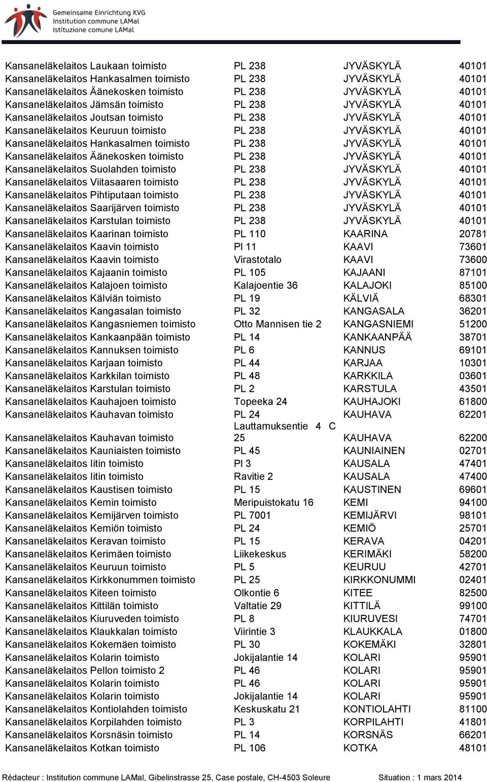 238 JYVÄSKYLÄ 40101 Kansaneläkelaitos Äänekosken toimisto PL 238 JYVÄSKYLÄ 40101 Kansaneläkelaitos Suolahden toimisto PL 238 JYVÄSKYLÄ 40101 Kansaneläkelaitos Viitasaaren toimisto PL 238 JYVÄSKYLÄ