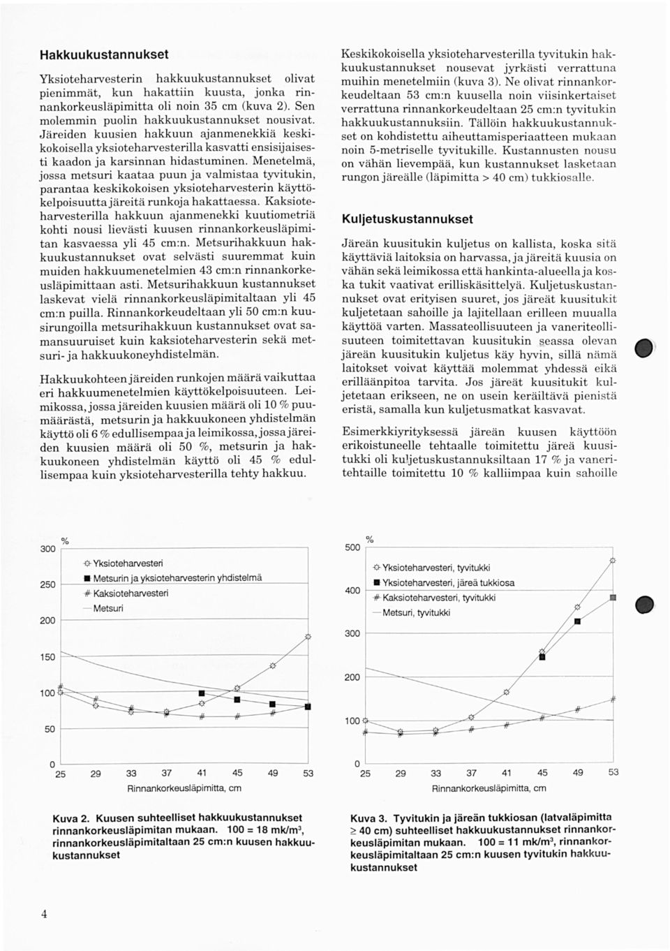 Menetelmä, jossa metsuri kaataa puun ja valmistaa tyvitukin, parantaa keskikokoisen yksioteharvesterin käyttökelpoisuuttajäreitä runkoja hakattaessa.