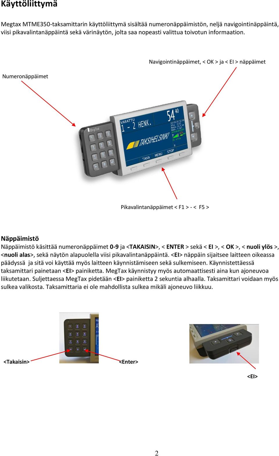 Numeronäppäimet Navigointinäppäimet, < OK > ja < EI > näppäimet Pikavalintanäppäimet < F1 > - < F5 > Näppäimistö Näppäimistö käsittää numeronäppäimet 0-9 ja <TAKAISIN>, < ENTER > sekä < EI >, < OK >,