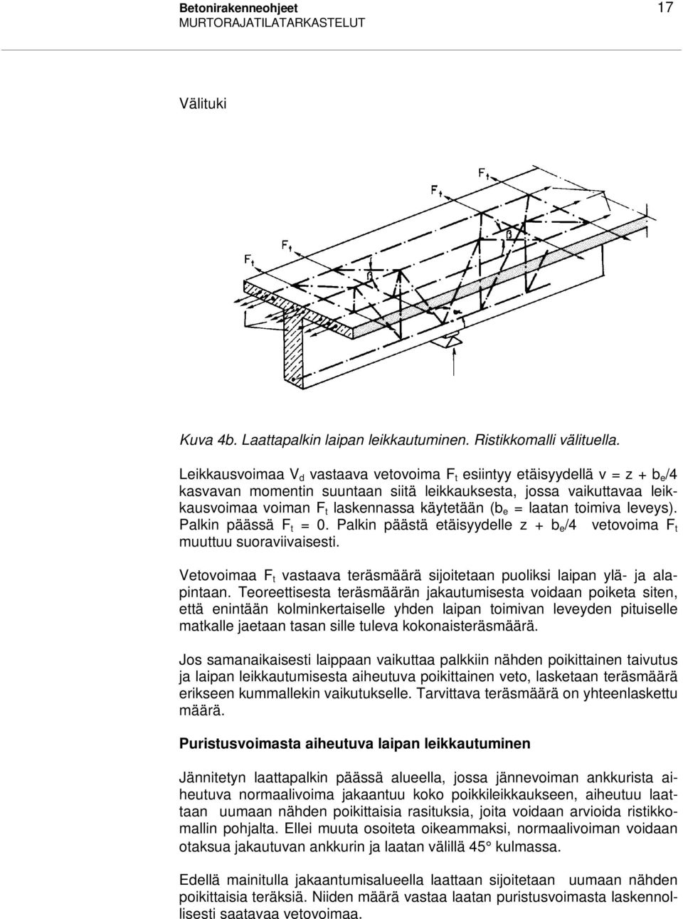 laatan toimiva leveys). Palkin päässä F t = 0. Palkin päästä etäisyydelle z + b e /4 vetovoima F t muuttuu suoraviivaisesti.