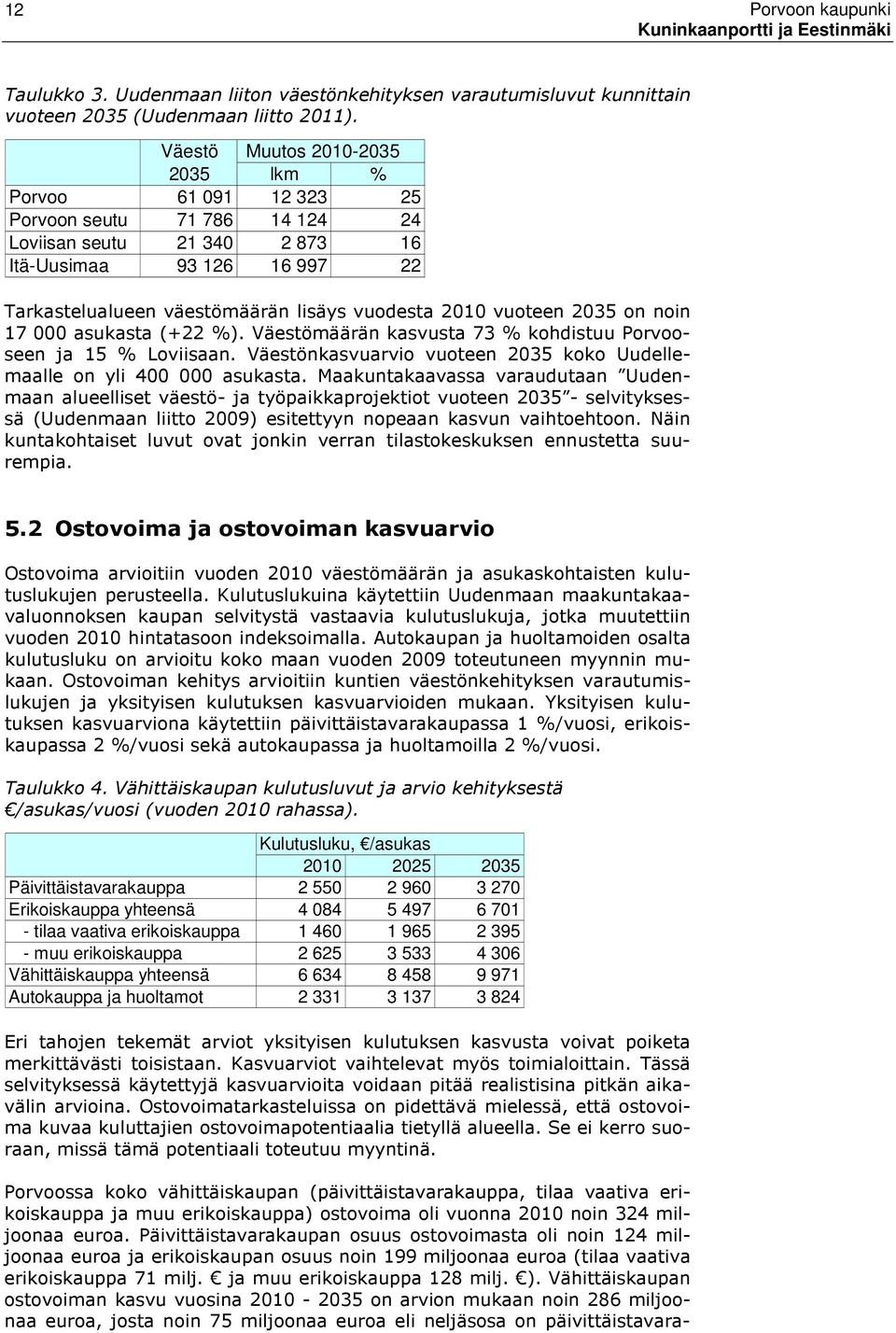 2010 vuoteen 2035 on noin 17 000 asukasta (+22 %). Väestömäärän kasvusta 73 % kohdistuu Porvooseen ja 15 % Loviisaan. Väestönkasvuarvio vuoteen 2035 koko Uudellemaalle on yli 400 000 asukasta.