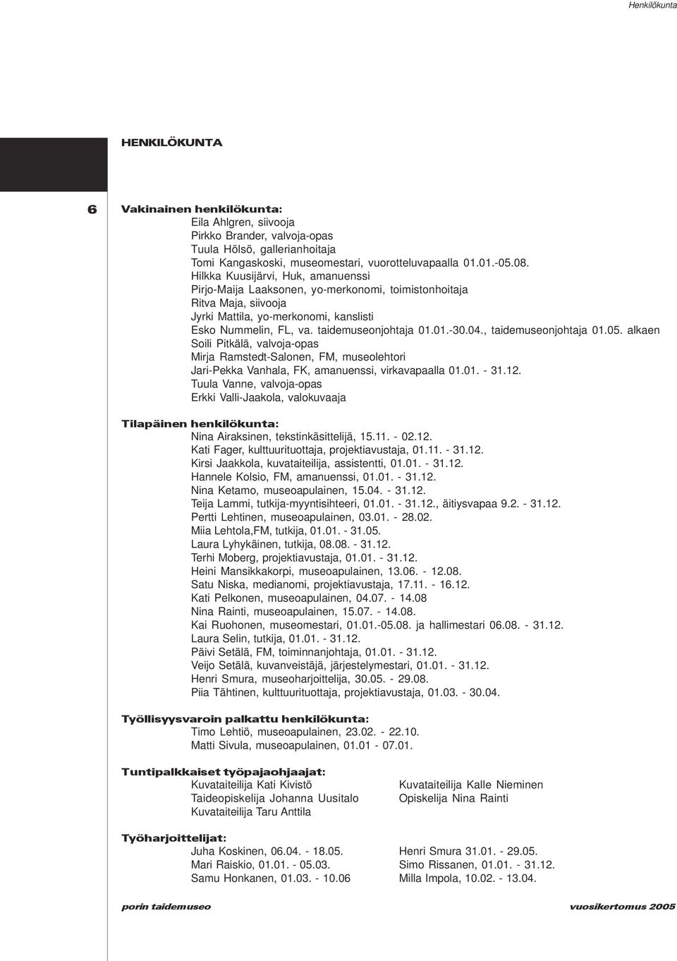 04., taidemuseonjohtaja 01.05. alkaen Soili Pitkälä, valvoja-opas Mirja Ramstedt-Salonen, FM, museolehtori Jari-Pekka Vanhala, FK, amanuenssi, virkavapaalla 01.01. - 31.12.