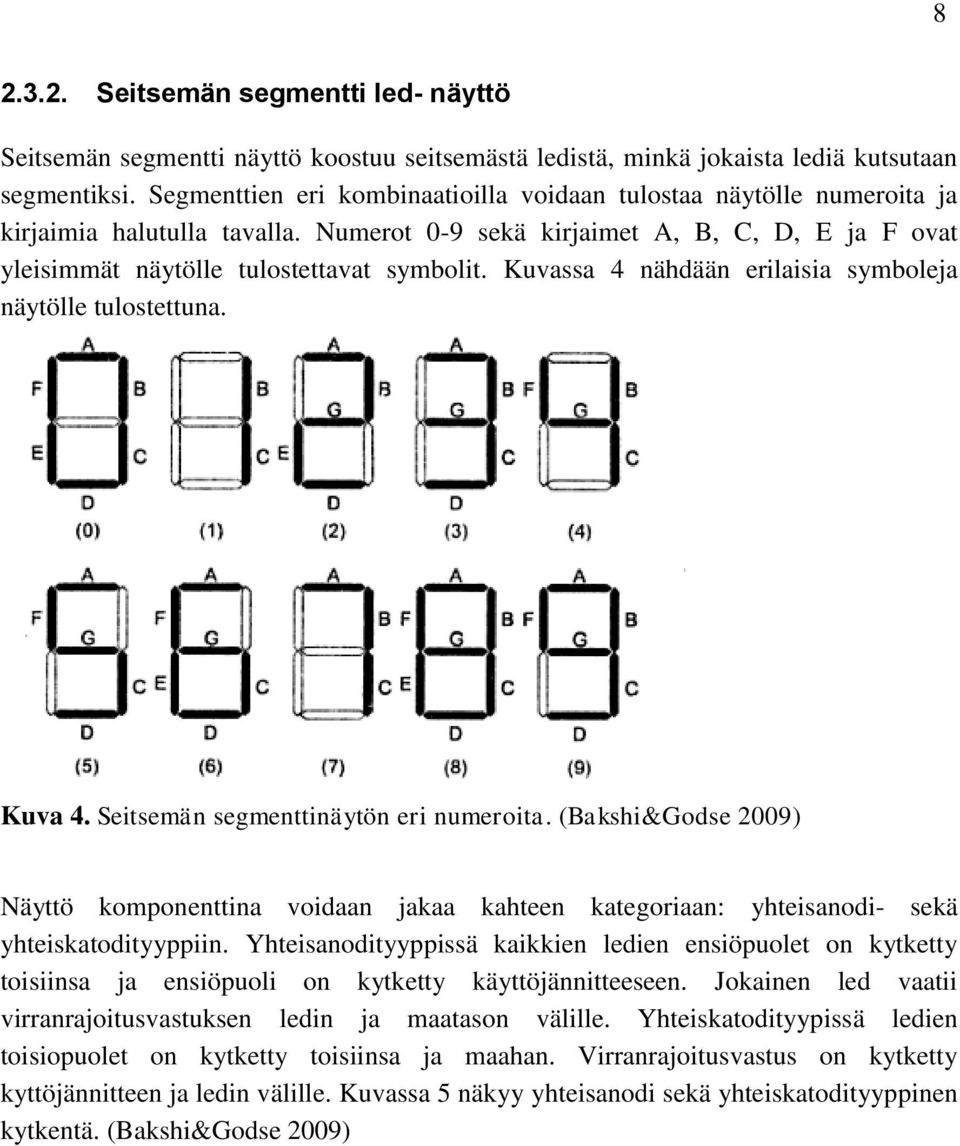 Kuvassa 4 nähdään erilaisia symboleja näytölle tulostettuna. Kuva 4. Seitsemän segmenttinäytön eri numeroita.