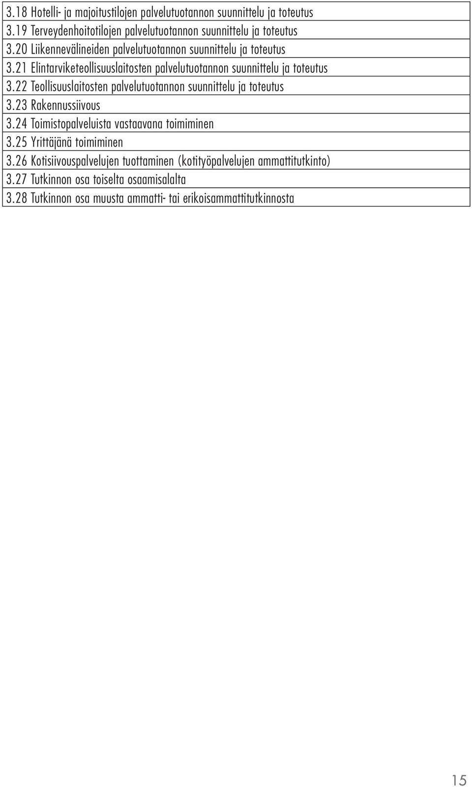 22 Teollisuuslaitosten palvelutuotannon suunnittelu ja toteutus 3.23 Rakennussiivous 3.24 Toimistopalveluista vastaavana toimiminen 3.