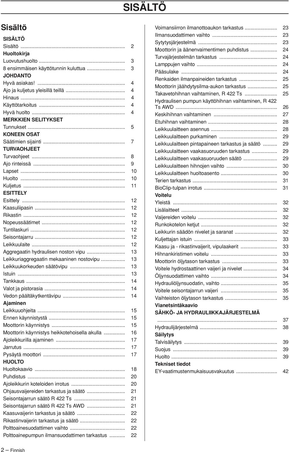 .. 11 ESITTELY Esittely... 12 Kaasuliipasin... 12 Rikastin... 12 Nopeussäätimet... 12 Tuntilaskuri... 12 Seisontajarru... 12 Leikkuulaite... 12 Aggregaatin hydraulisen noston vipu.