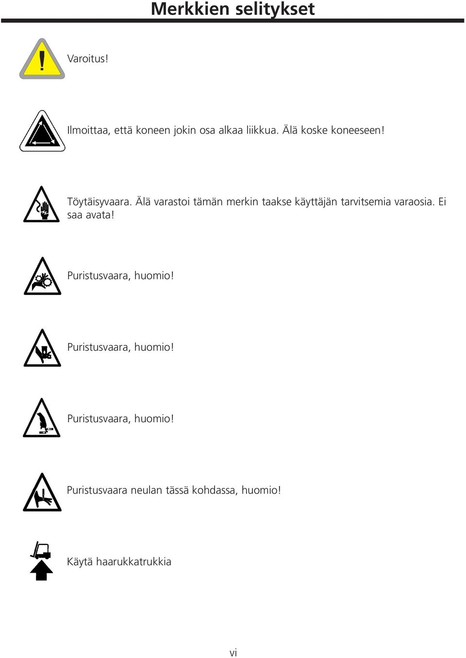 Älä varastoi tämän merkin taakse käyttäjän tarvitsemia varaosia. Ei saa avata!