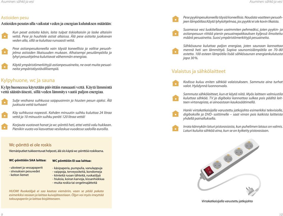 Pese astianpesukoneella vain täysiä koneellisia ja valitse pesuohjelma astioiden likaisuuden mukaan. Alhaisempi pesulämpötila ja lyhyt pesuohjelma kuluttavat vähemmän energiaa.