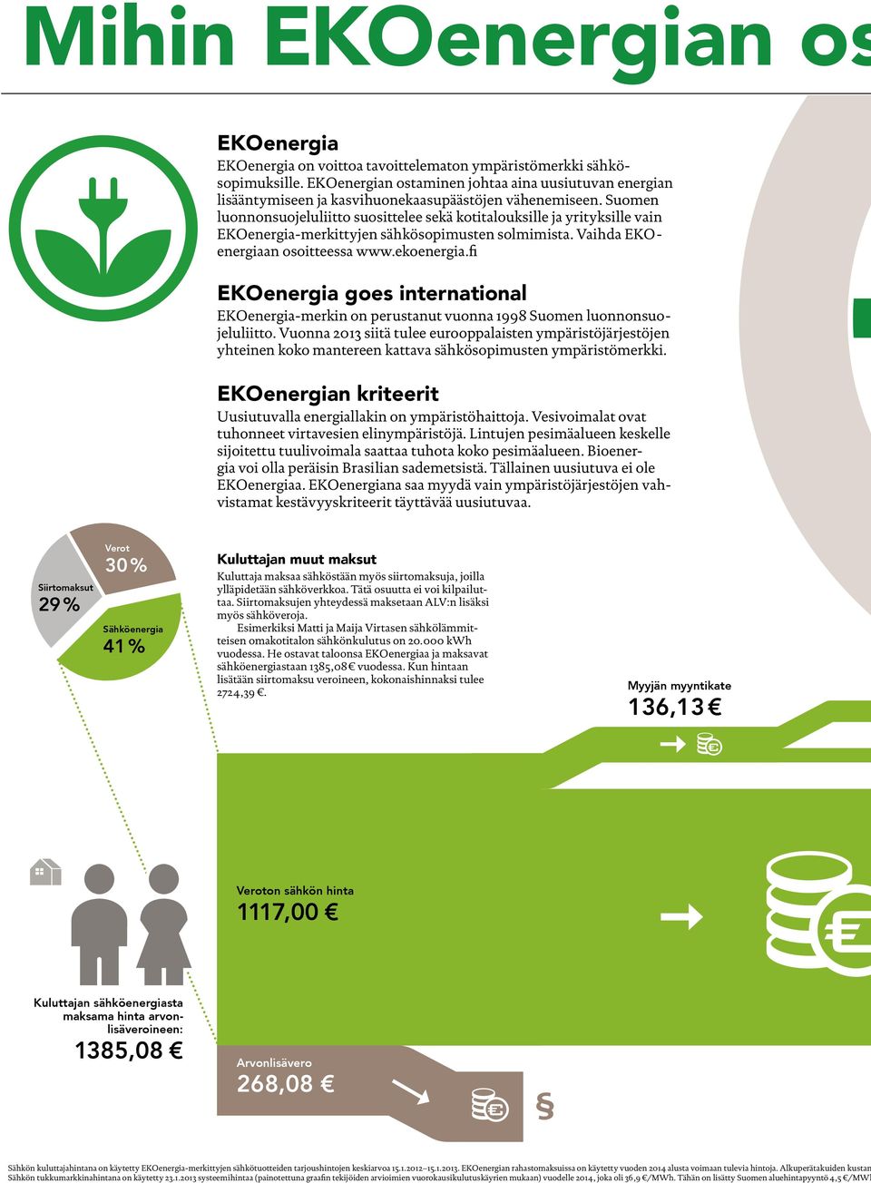 Suomen luonnonsuojeluliitto suosittelee sekä kotitalouksille ja yrityksille vain EKOenergia-merkittyjen sähkösopimusten solmimista. Vaihda EKOenergiaan osoitteessa www.ekoenergia.