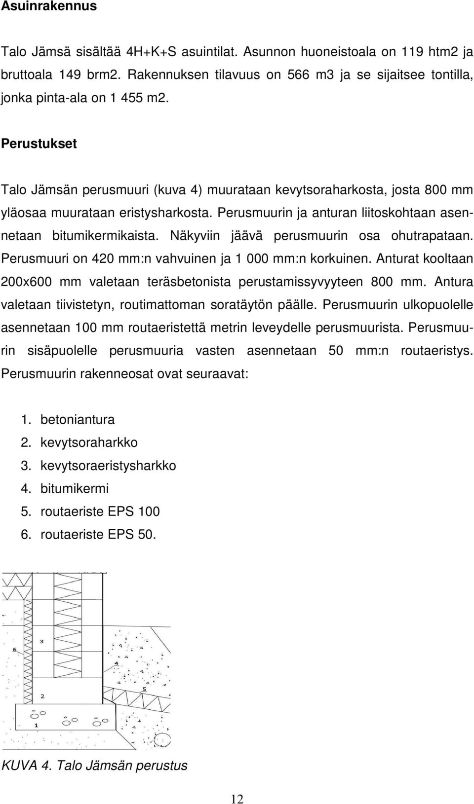 Näkyviin jäävä perusmuurin osa ohutrapataan. Perusmuuri on 420 mm:n vahvuinen ja 1 000 mm:n korkuinen. Anturat kooltaan 200x600 mm valetaan teräsbetonista perustamissyvyyteen 800 mm.