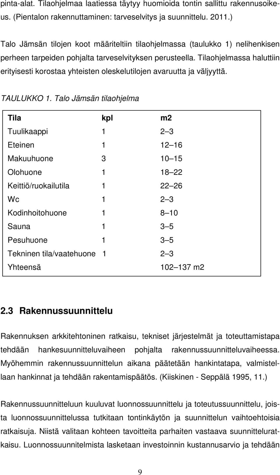 Tilaohjelmassa haluttiin erityisesti korostaa yhteisten oleskelutilojen avaruutta ja väljyyttä. TAULUKKO 1.