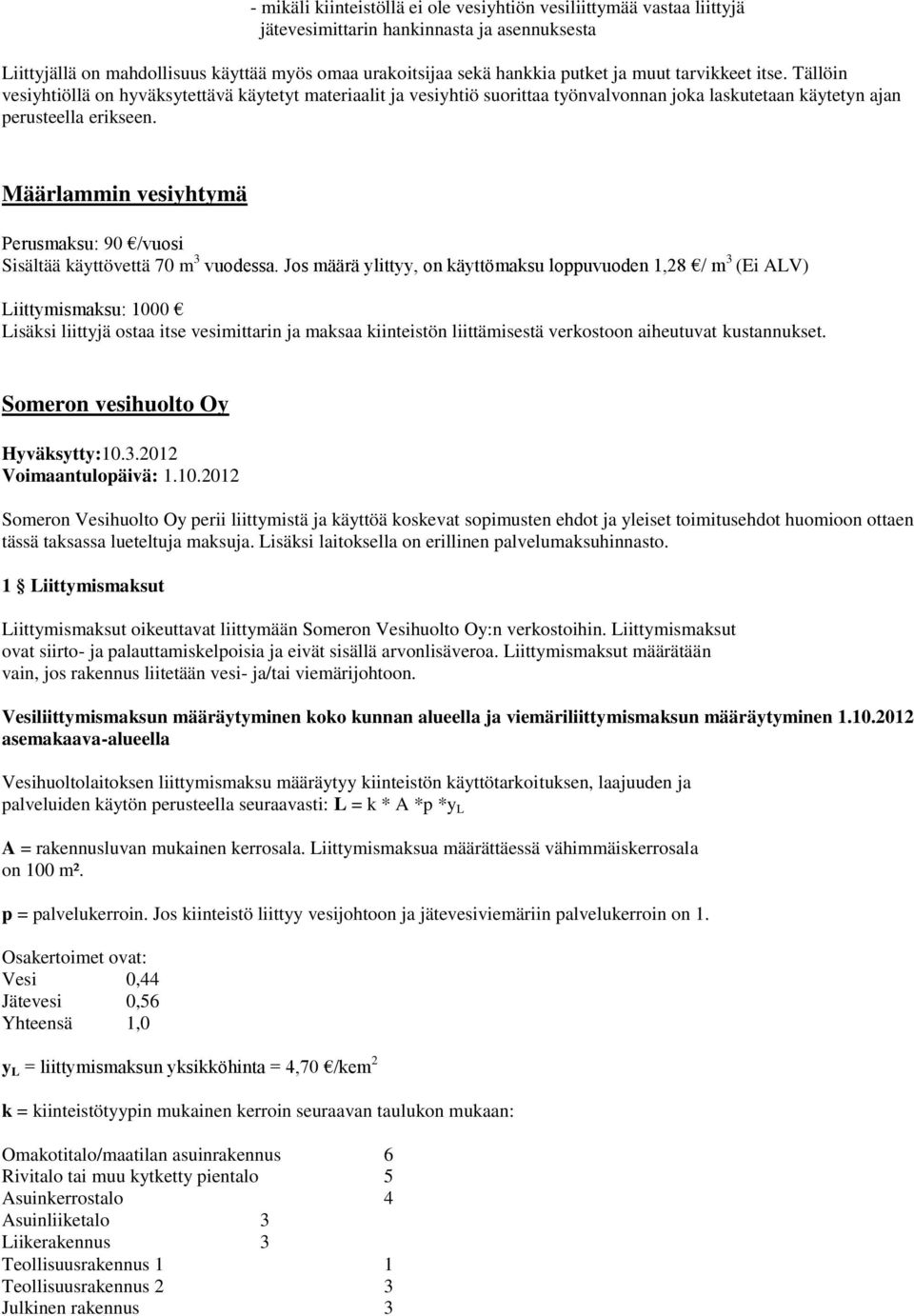 Määrlammin vesiyhtymä Perusmaksu: 90 /vuosi Sisältää käyttövettä 70 m 3 vuodessa.