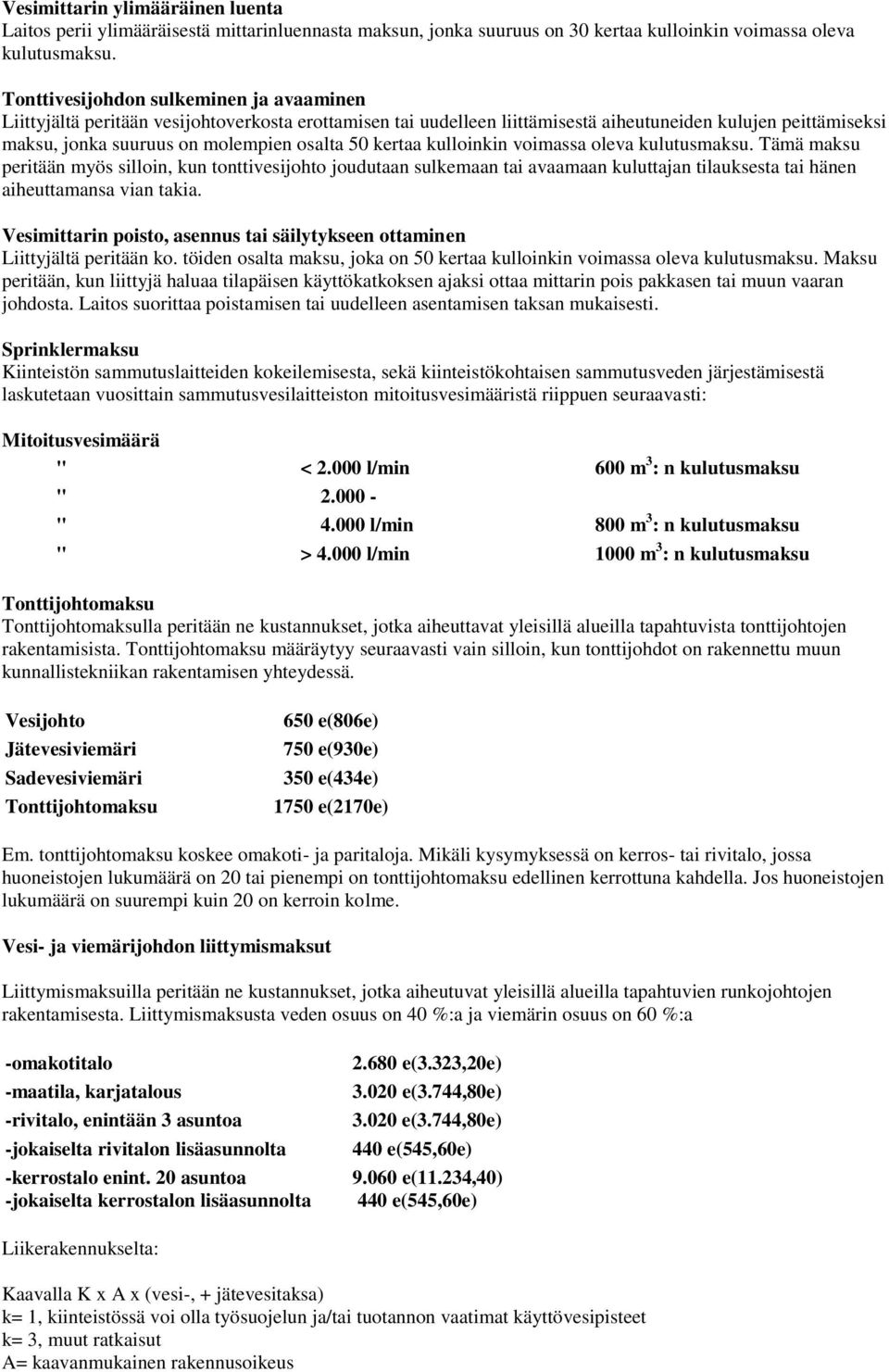 kertaa kulloinkin voimassa oleva kulutusmaksu. Tämä maksu peritään myös silloin, kun tonttivesijohto joudutaan sulkemaan tai avaamaan kuluttajan tilauksesta tai hänen aiheuttamansa vian takia.