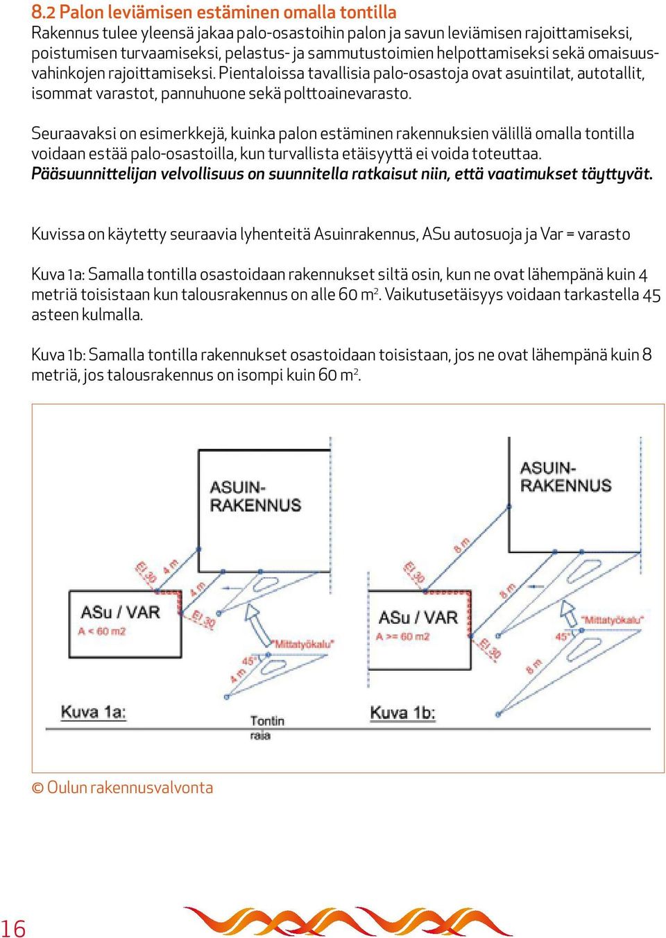 Seuraavaksi on esimerkkejä, kuinka palon estäminen rakennuksien välillä omalla tontilla voidaan estää palo-osastoilla, kun turvallista etäisyyttä ei voida toteuttaa.