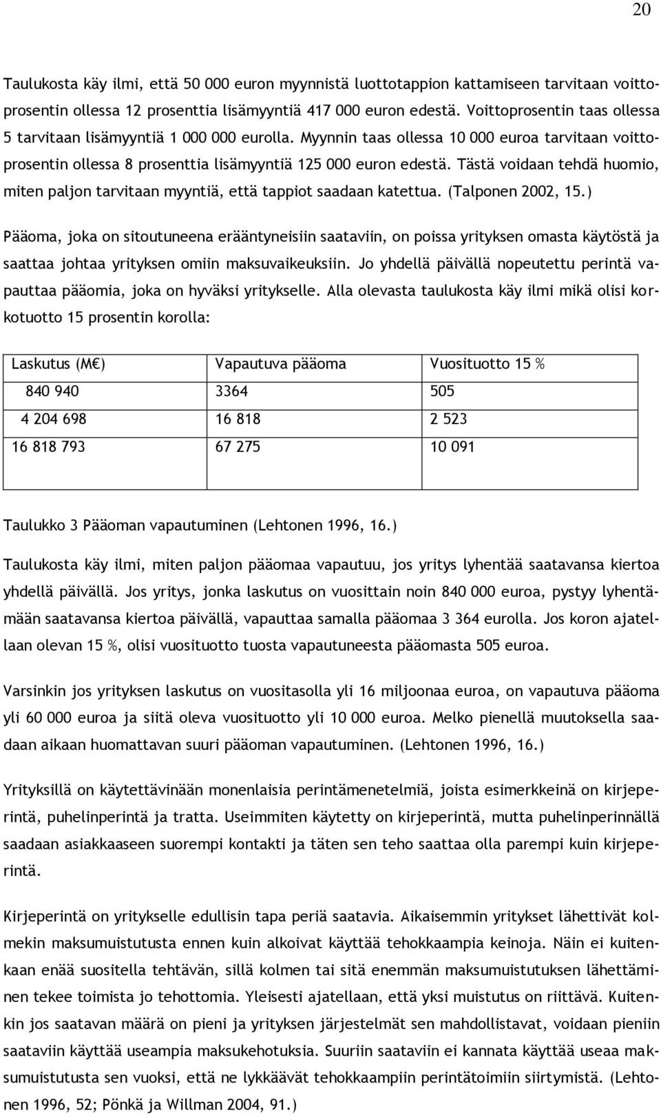 Tästä voidaan tehdä huomio, miten paljon tarvitaan myyntiä, että tappiot saadaan katettua. (Talponen 2002, 15.