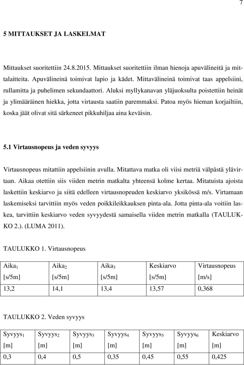 Patoa myös hieman korjailtiin, koska jäät olivat sitä särkeneet pikkuhiljaa aina keväisin. 5.1 Virtausnopeus ja veden syvyys Virtausnopeus mitattiin appelsiinin avulla.
