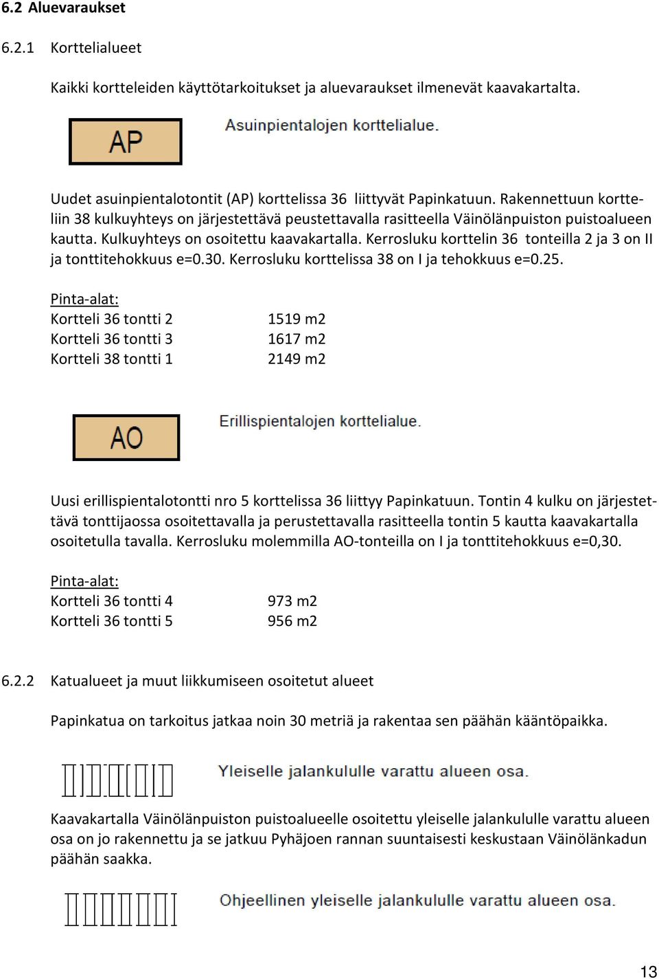 Kerrosluku korttelin 36 tonteilla 2 ja 3 on II ja tonttitehokkuus e=0.30. Kerrosluku korttelissa 38 on I ja tehokkuus e=0.25.