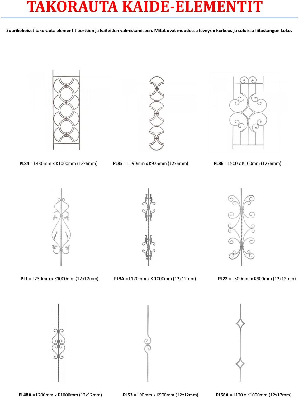 PL84 = L430mm x K1000mm (12x6mm) PL85 = L190mm x K975mm (12x6mm) PL86 = L500 x K100mm (12x6mm) PL1 = L230mm x