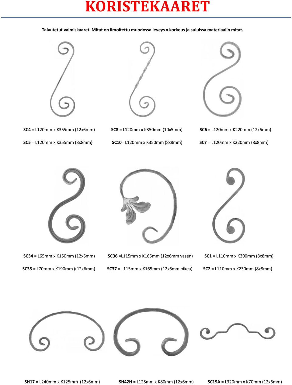 (8x8mm) SC7 = L120mm x K220mm (8x8mm) SC34 = L65mm x K150mm (12x5mm) SC36 =L115mm x K165mm (12x6mm vasen) SC1 = L110mm x K300mm (8x8mm) SC35 =