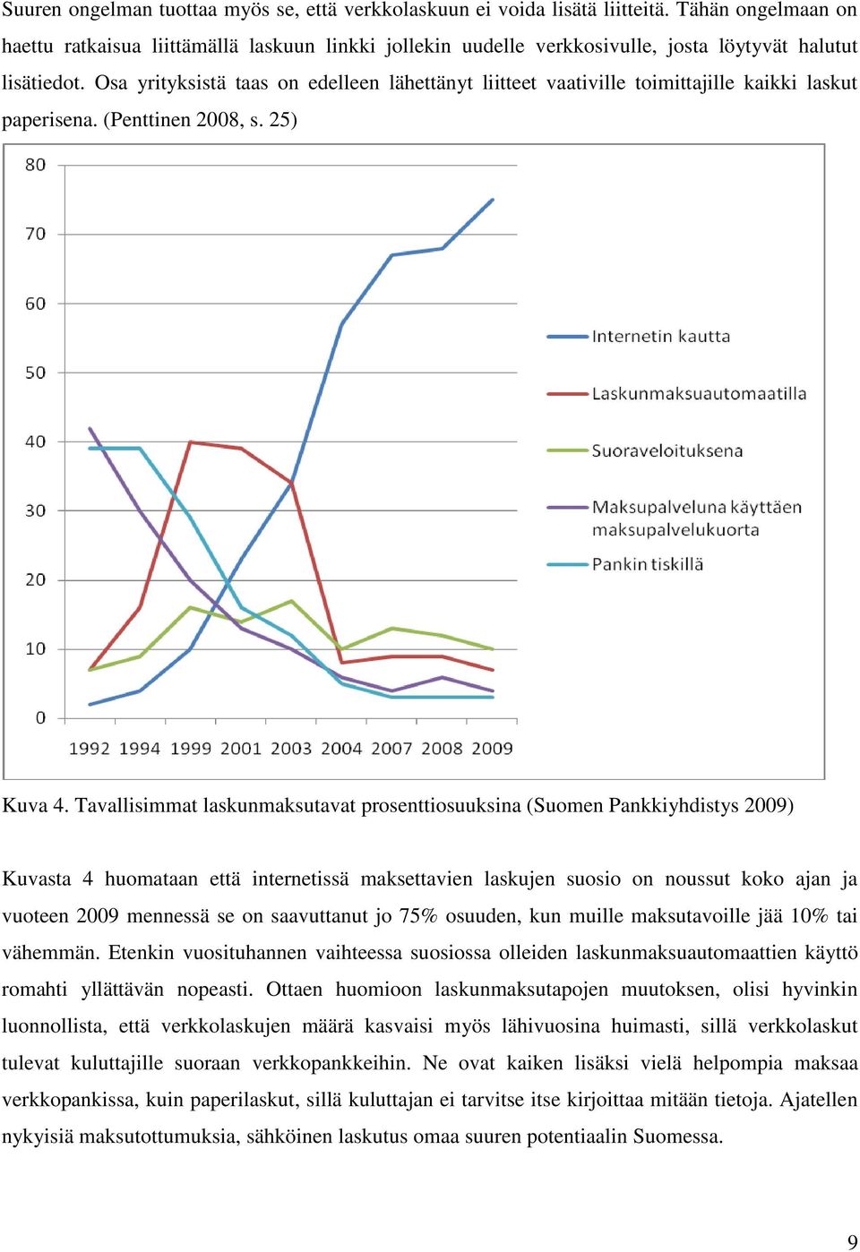 Osa yrityksistä taas on edelleen lähettänyt liitteet vaativille toimittajille kaikki laskut paperisena. (Penttinen 2008, s. 25) Kuva 4.