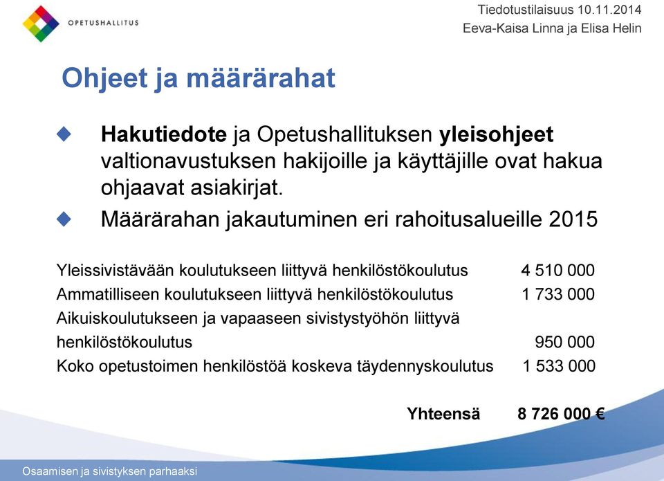 Määrärahan jakautuminen eri rahoitusalueille 2015 Yleissivistävään koulutukseen liittyvä henkilöstökoulutus 4 510 000
