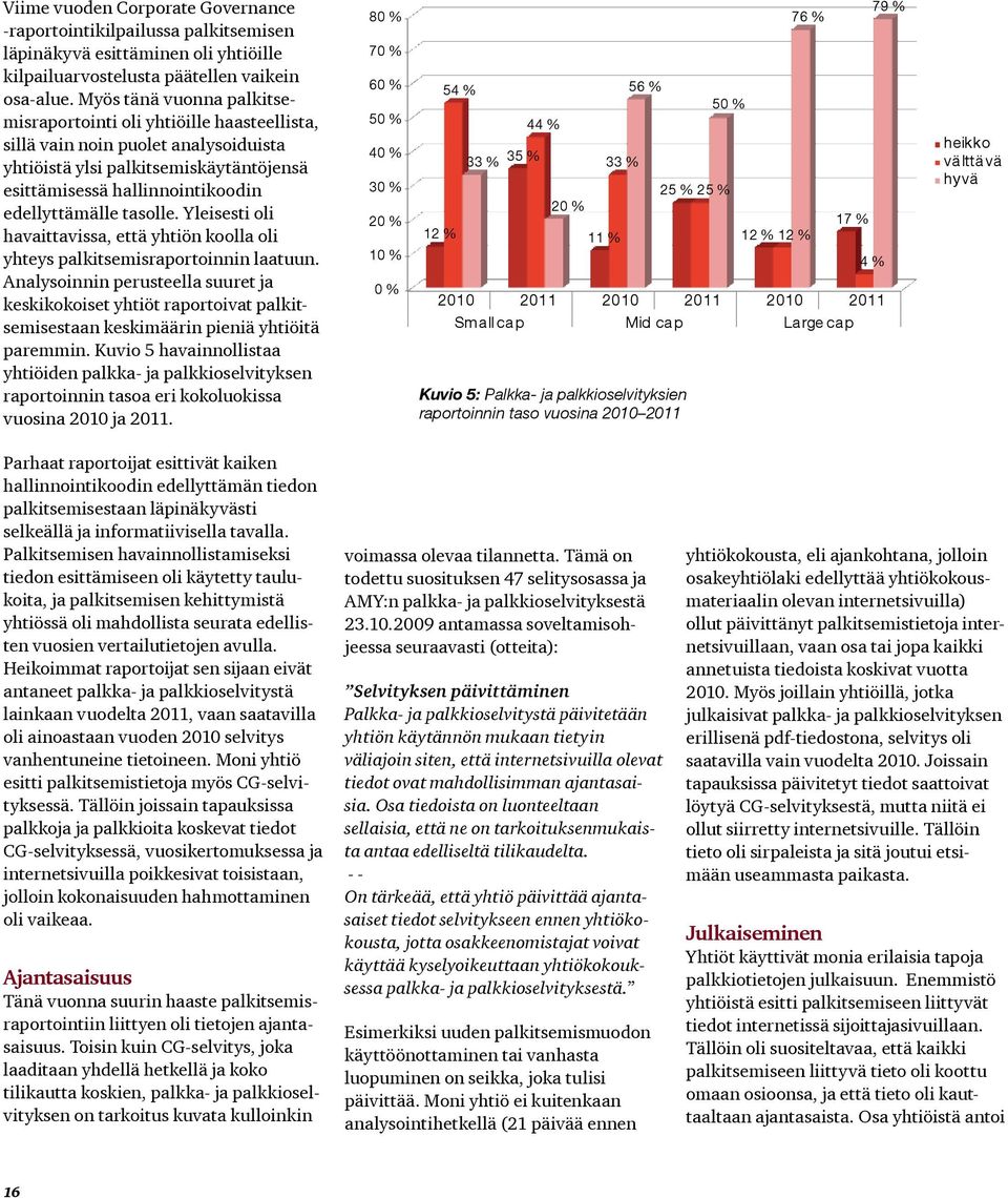 tasolle. Yleisesti oli havaittavissa, että yhtiön koolla oli yhteys palkitsemisraportoinnin laatuun.