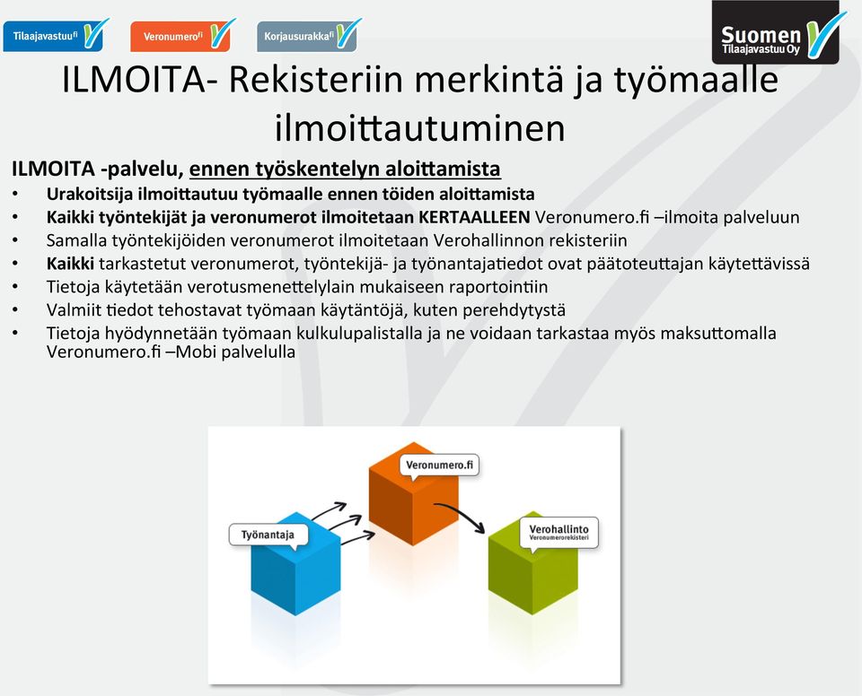 fi ilmoita palveluun Samalla työntekijöiden veronumerot ilmoitetaan Verohallinnon rekisteriin Kaikki tarkastetut veronumerot, työntekijä- ja työnantajahedot ovat