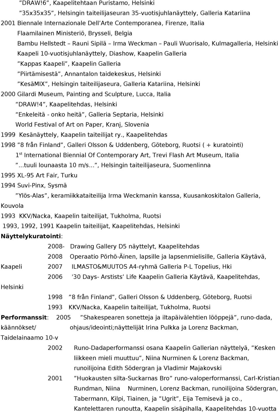 Kaapelin Galleria Piirtämisestä, Annantalon taidekeskus, Helsinki KesäMIX, Helsingin taiteilijaseura, Galleria Katariina, Helsinki 2000 Gilardi Museum, Painting and Sculpture, Lucca, Italia DRAW!