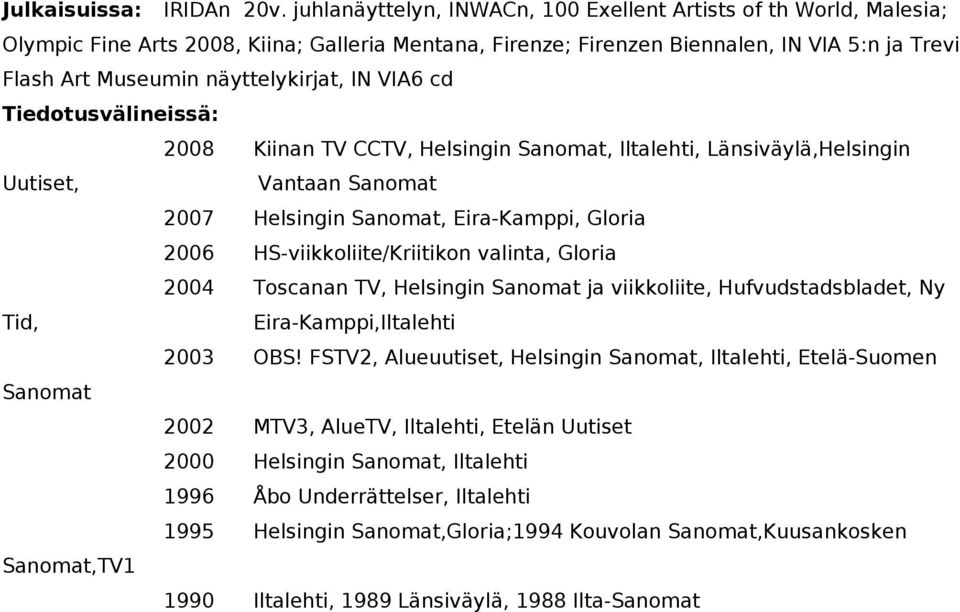 IN VIA6 cd Tiedotusvälineissä: 2008 Kiinan TV CCTV, Helsingin Sanomat, Iltalehti, Länsiväylä,Helsingin Uutiset, Vantaan Sanomat 2007 Helsingin Sanomat, Eira-Kamppi, Gloria 2006