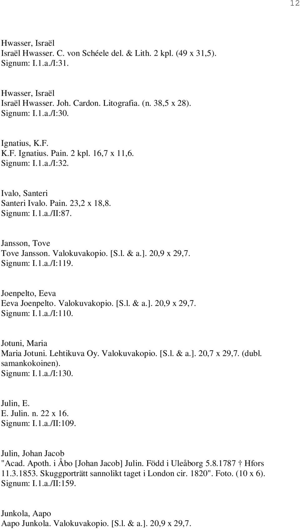 ]. 20,9 x 29,7. Signum: I.1.a./I:119. Joenpelto, Eeva Eeva Joenpelto. Valokuvakopio. [S.l. & a.]. 20,9 x 29,7. Signum: I.1.a./I:110. Jotuni, Maria Maria Jotuni. Lehtikuva Oy. Valokuvakopio. [S.l. & a.]. 20,7 x 29,7.