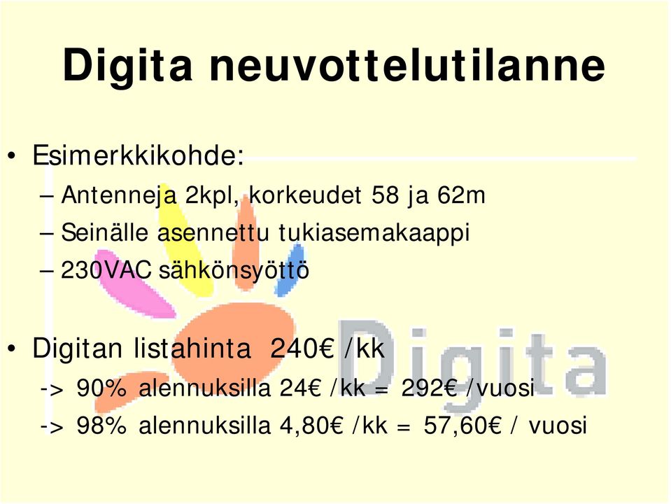 230VAC sähkönsyöttö Digitan listahinta 240 /kk -> 90%
